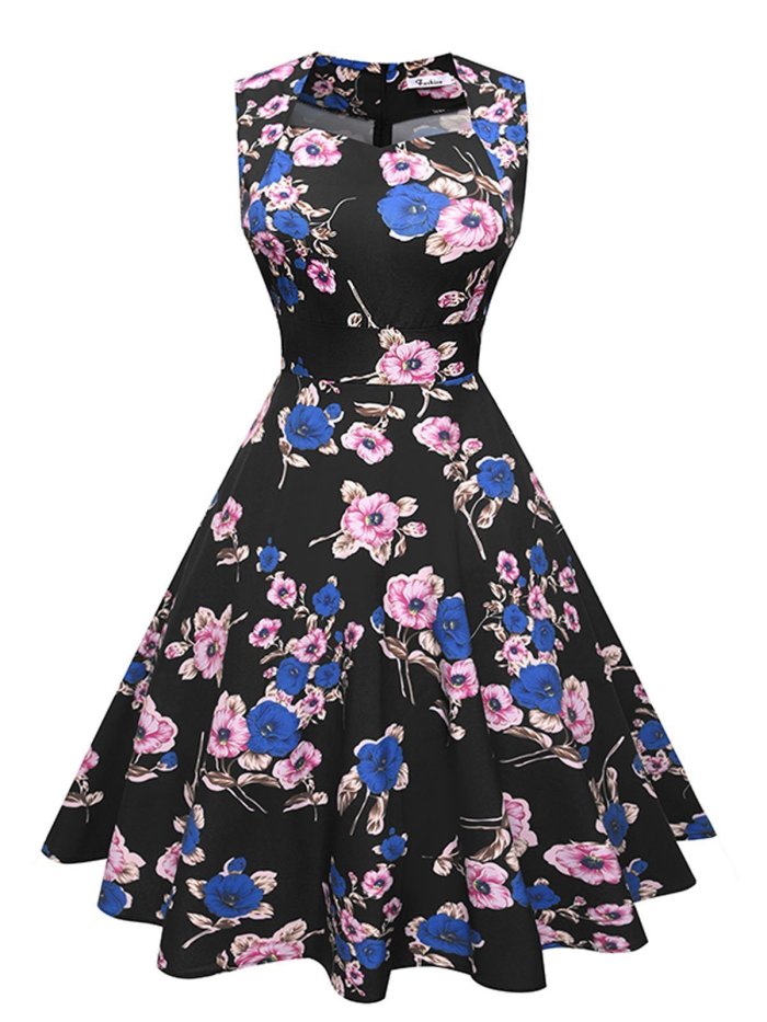 1950s Floral Print Swing Party Dress