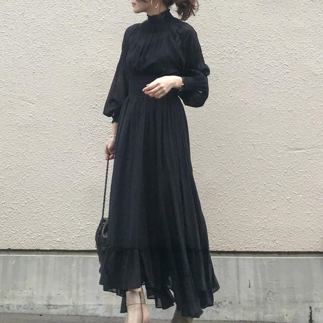 Elegant Korean Fashion Pullover One Piece L High Waist Large Ruffle Maxi Dresses