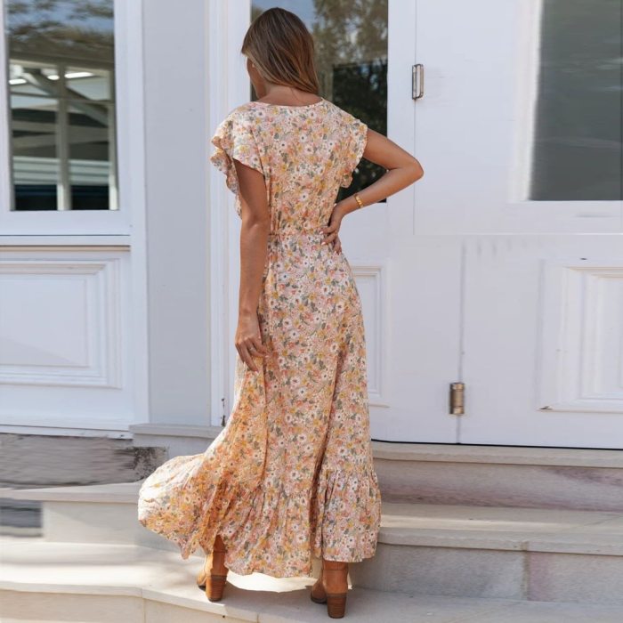 Summer Beach Maxi Dress Women Floral Print Boho Long Dress Ruffles Wrap Casual V-Neck Split Sexy Party Dress