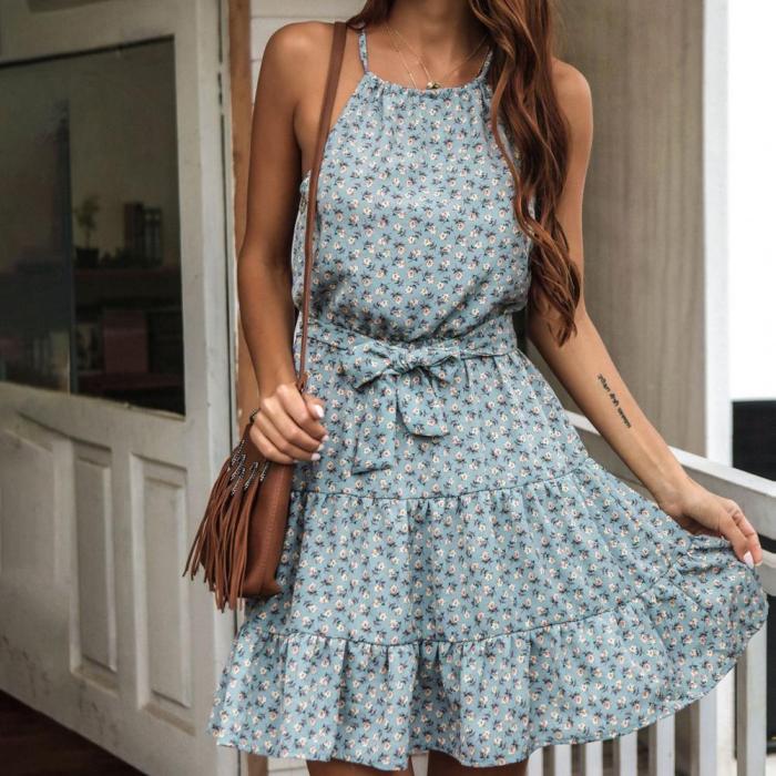 2022 New Pastoral Style Summer Dress Sleeveless High Waist Female Women Halter Floral Print Short Length Dress for Going Out