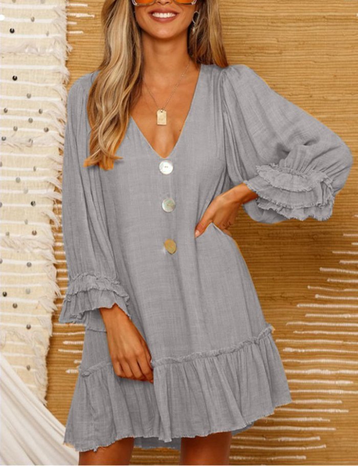 Sexy V-Neck Button Up Front Ruffle Mini Dress
