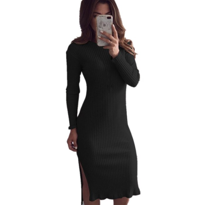2021 Fashion Solid Kintted Sexy Knee-Length Dress Casual Long Sleeve O Neck Side Split Women's Autumn Winter Slim Dress vestidos