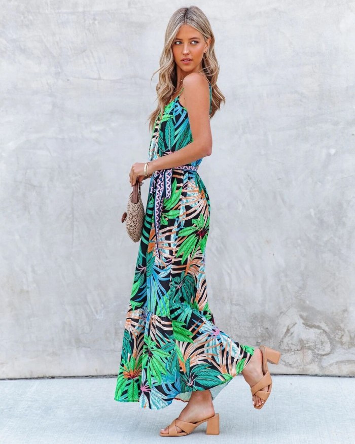 Green Printed Floral Long Beach Straps Spring Summer Dress Sundress