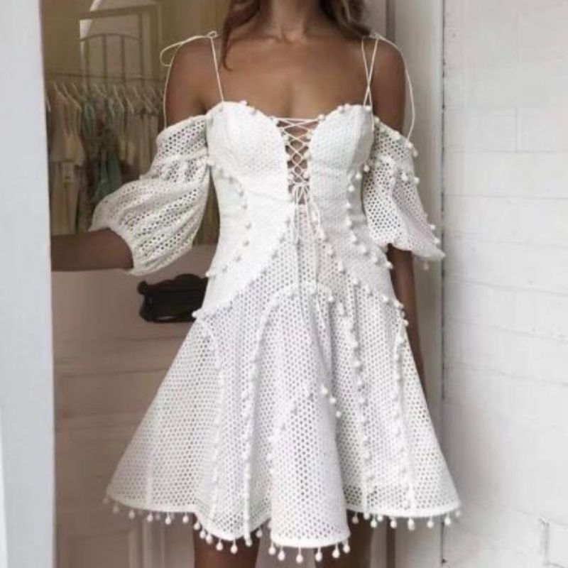 Spaghetti Strap Dress Women Hollow Out Ruffles Summer Mini Dress Plus Size Cold Shoulder Slim Party Dress Runway Vintage B009