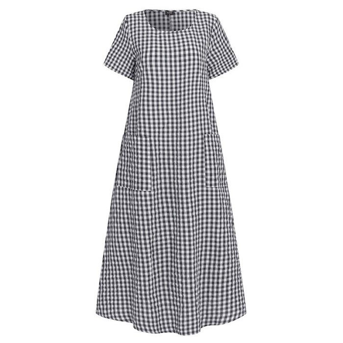 Women Vintage Bohemian Maxi Long Dress Summer Short Sleeve Plaid Loose Sundress Casual Pockets Plus Size 5XL Dress Robe