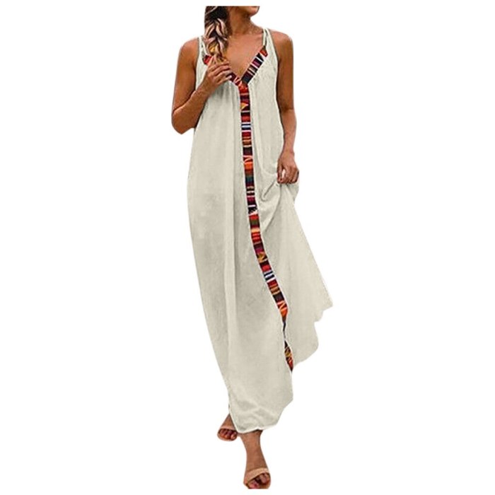 Women Summer Sleeveless V Neck Cotton Linen Casual Long Maxi Beach Dress