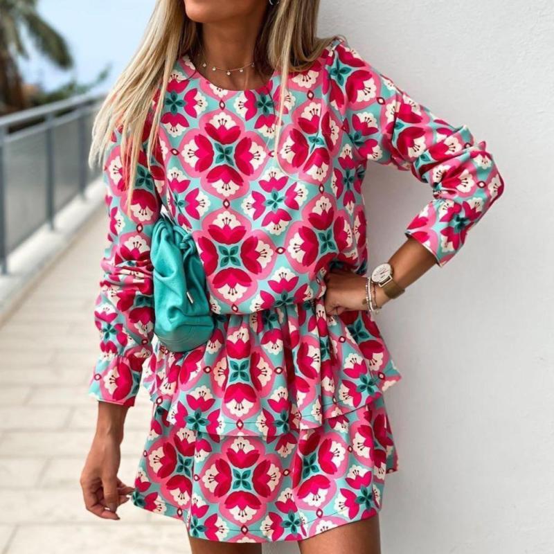 Vintage Print Long Sleeve Tiered Mini Dress