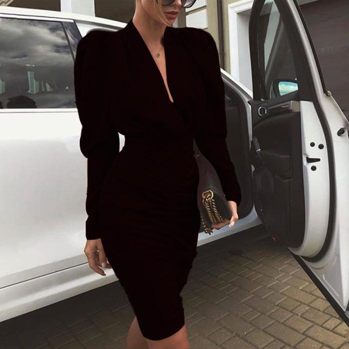 Fashion V-neck Solid Color Long-sleeved Bodycon Dress