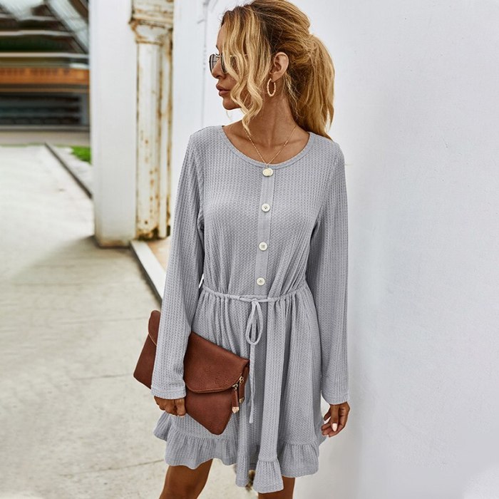 Women's Dress Autumn Winter Long Sleeve Mini Skater Party Dresses for Women Casual Lace Up Button Ruffles O Neck Woman Clothing