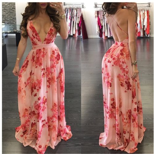 Print Floral Loose Boho Deep V Neck Backless Long Women Dress 2018 Maxi Dresses Vestidos Sexy Back Cross Beach Summer Dress