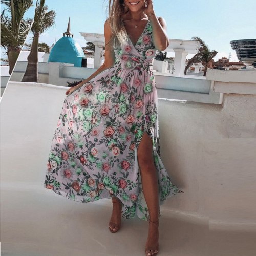 Split Dress Floral Print Summer Women V Neck Spaghetti Strap Party Pink Chiffon Elegant Casual Maxi Dresse