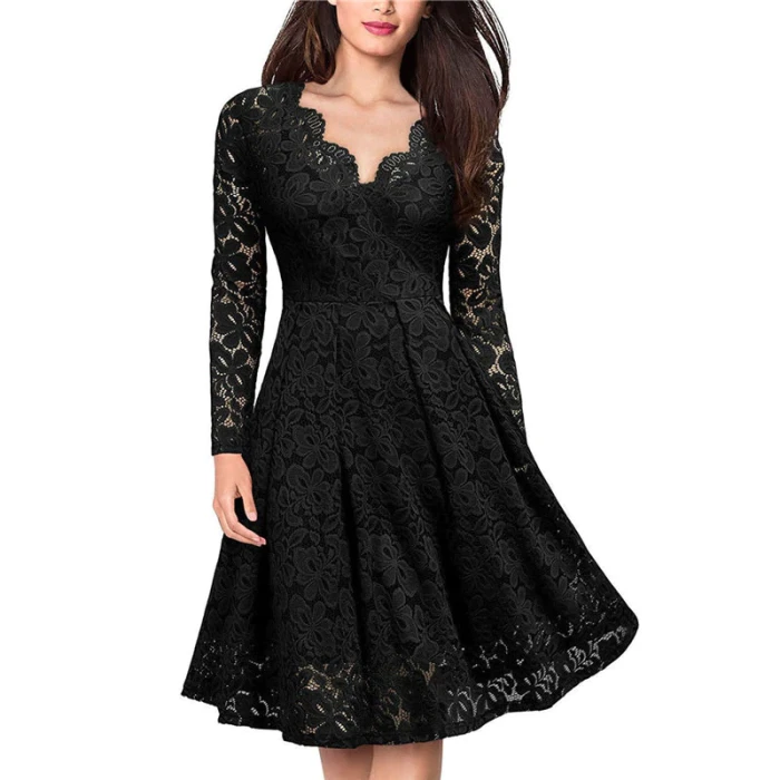Elegant Sexy Dress for Women Vintage Lace Long Sleeve V Neck Black Blue Robe Femme Casual Dresses Woman Party Night 2021