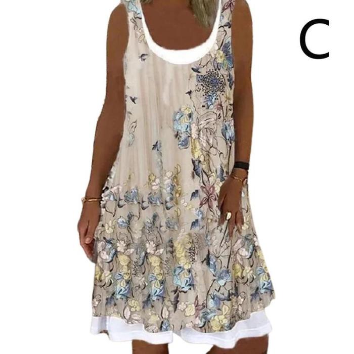 2021 Vintage Women Floral Print Dress O Neck Large Size Loose Dresses Femal Casual Beach Plus False Two-piece Suit