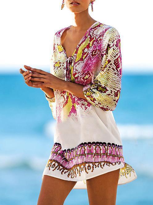 V-neck 3/4 Sleeves Printed Bohemia Mini Dress