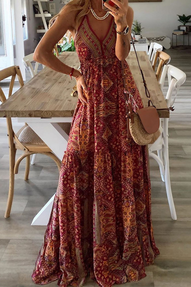 Women's Dresses Women's V-neck Sling Floral Long Dress Sleeveless Bohemian Beach Long Dress