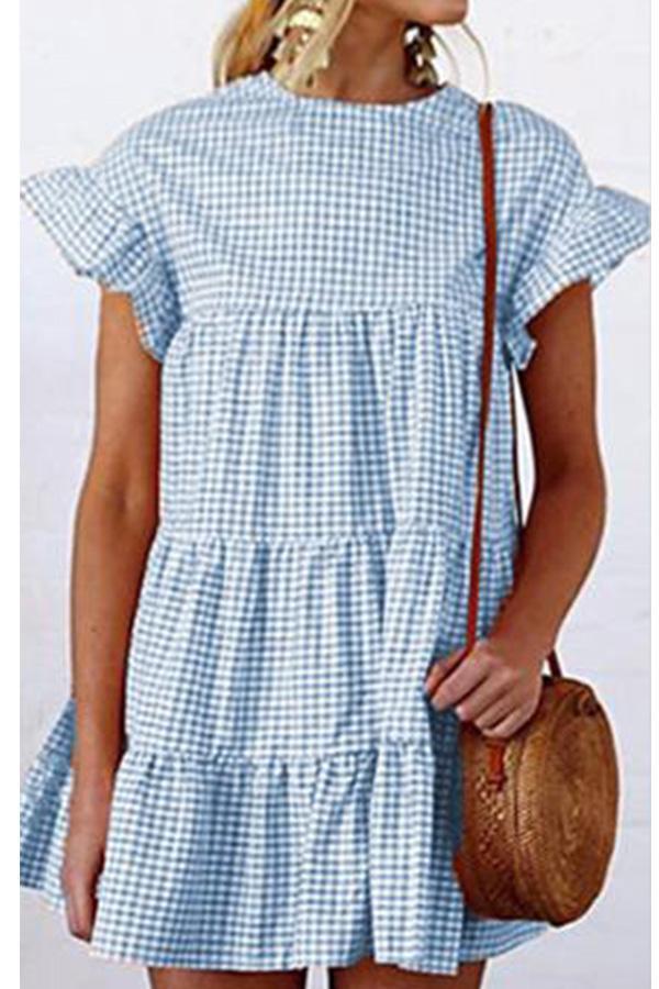 Grid Pattern Casual Short Sleeves Mini Dresses