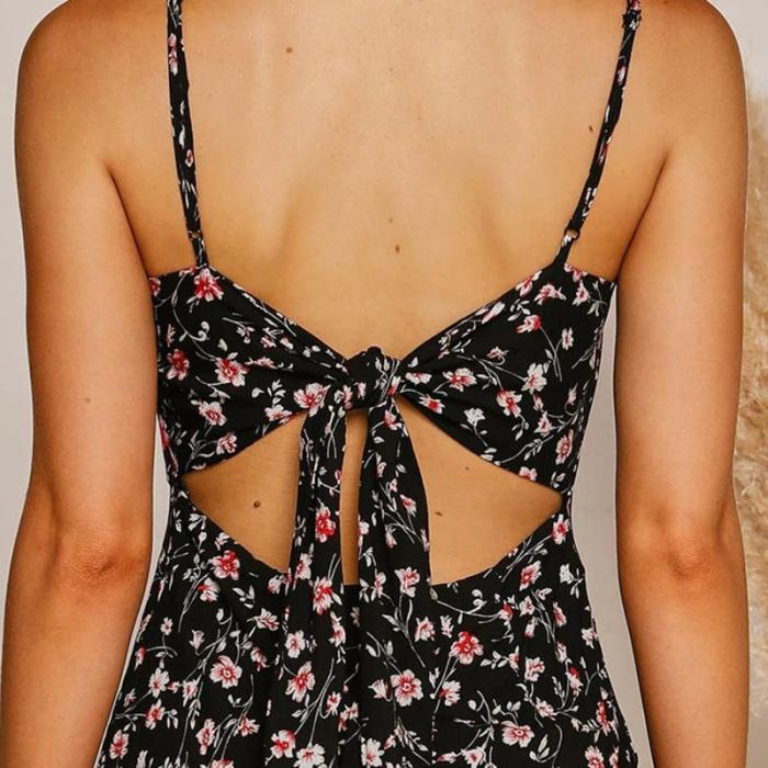 V-neck Floral Print Backless Side Splits Dress