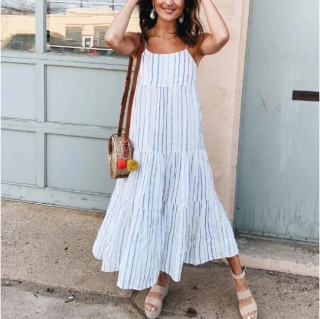 2021 Women Summer Dress Casual Striped Sleeveless Maxi Dress Loose Beach Spaghetti Strap Party Dresses Vestido De Mujer