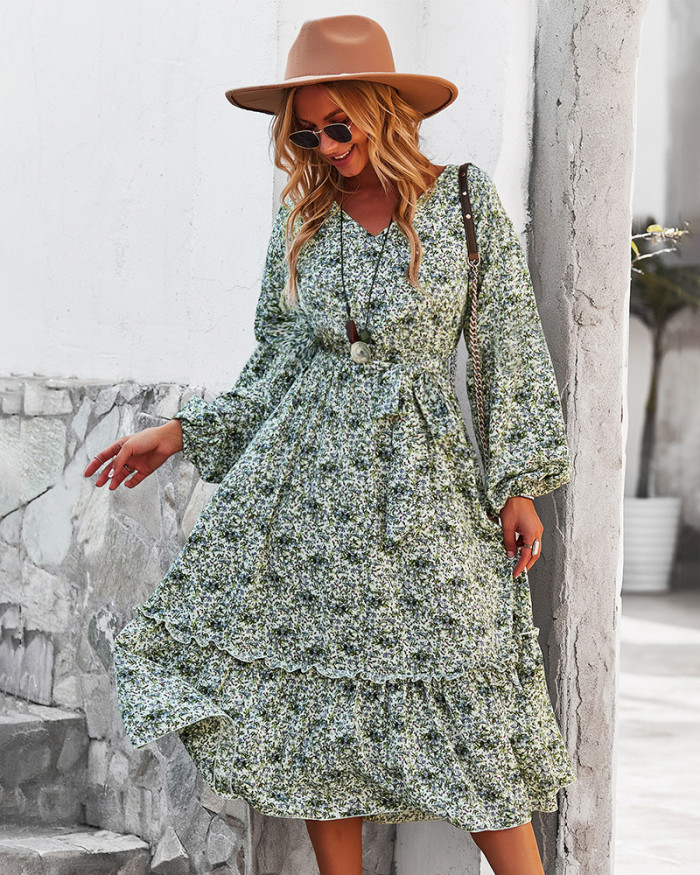 Floral Print Long Maxi Dresses For Women 2021 Autumn Long Sleeve Ruffles Bobo Beach Dresses Holiday Vintage V Neck Dress Fashion