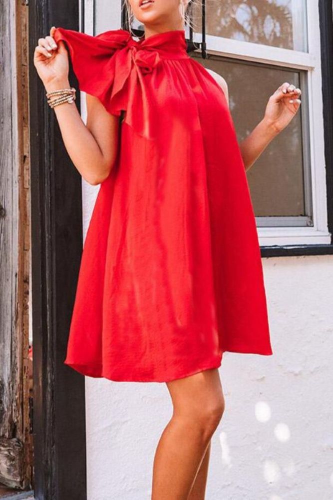 Solid Color Bow Halter Mini Dress Summer 2021 Elegant Casual Party Beach Style Dress Women Red Dresses