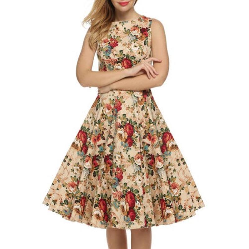 Womens Floral Sleeveless Skater Midi Dress Rockabilly Evening Party Flared Dresses