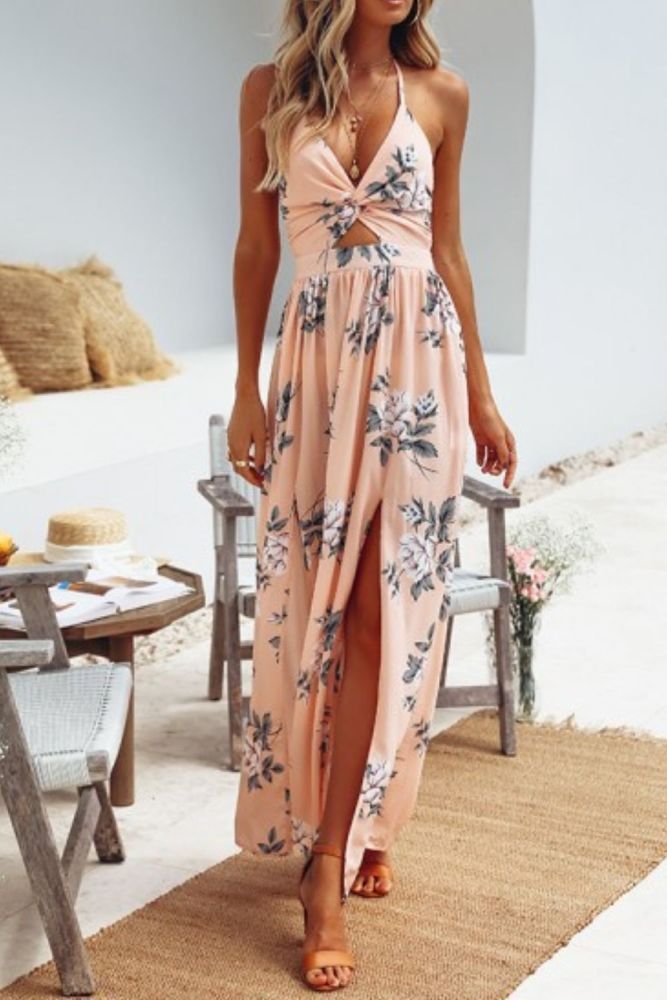 Elegant Lady Evening Party Dress Pink Summer Beach Chic Woman Dress Bohemian Boho Sexy Backless Blue Maxi Long Floral Slit Dress