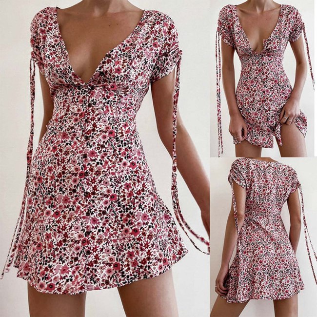 Short sleeve V-neck chiffon print dress Fashion Women Chiffon Bandage Short Sleeve Printed Casual V-Neck A-line Dress