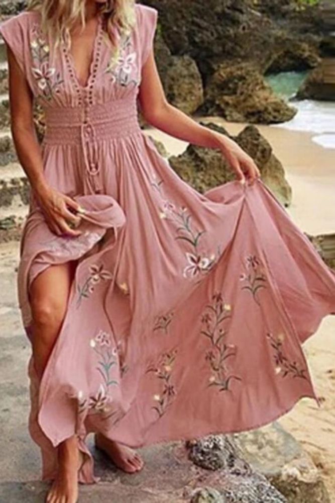 Bohemian Dress 2021 Spring V Neck Tassel Lace-up High Waist Long Party Dress Summer Floral Print Short Sleeve Maxi Beach Dresses