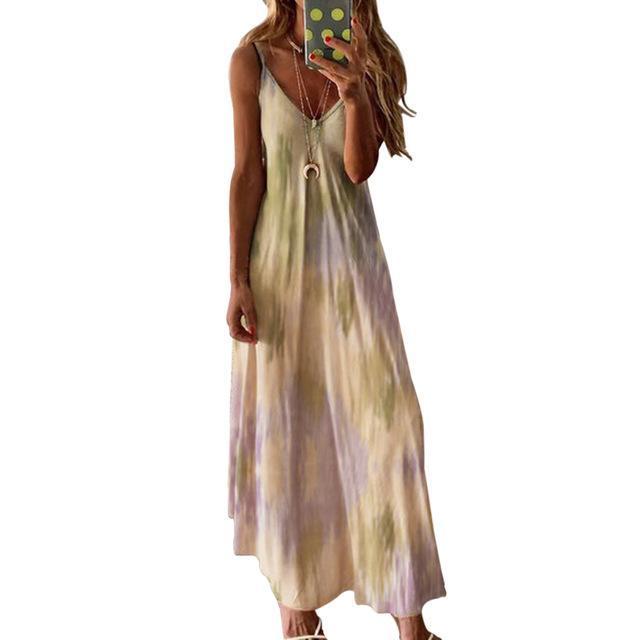 Casual Women Robe Sexy Maxi Dress Summer Sleeveless V -Neck Printed Long Dress Big Swing Tie Dye Plus Size Boho Dress