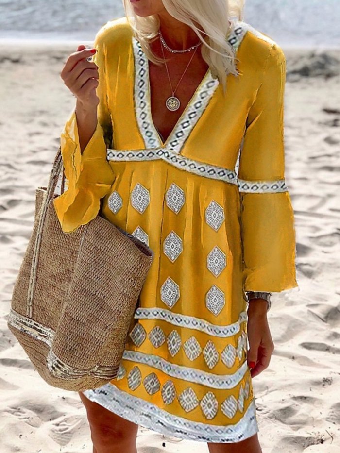 Boho Printed V-Neck Flared Sleeve A-Line Dress