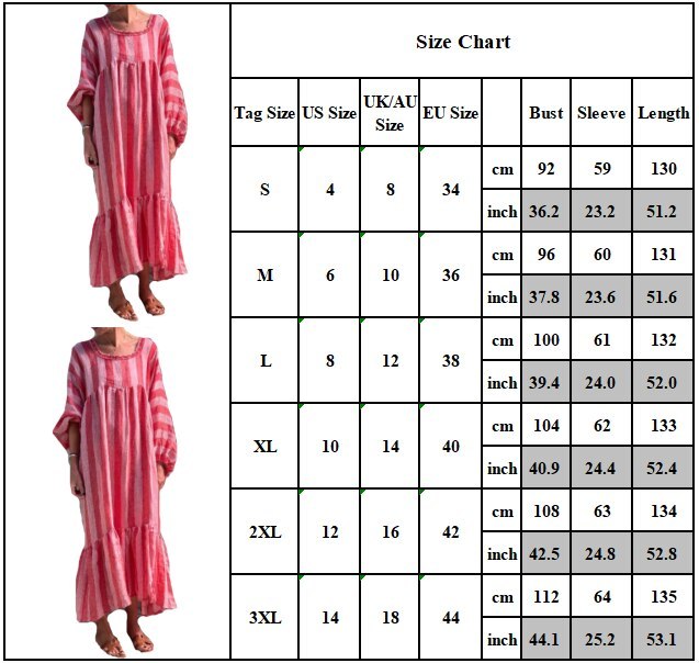 Womens Long Sleeve Long Maxi Dress Ladies Stripe Loose Casual Holiday Dresses