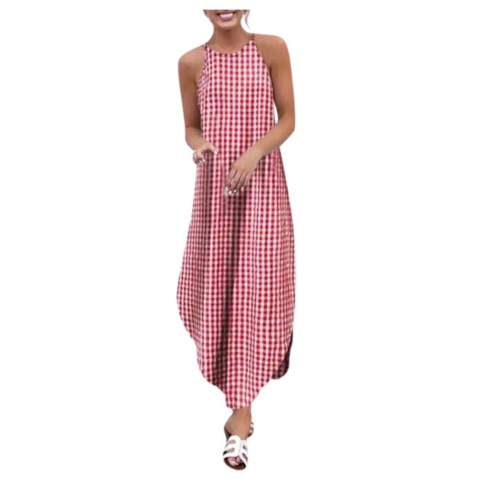 Summer Plaid Print Long Dress Women Plus Size 5XL Halter Casual Loose Sleeveless Maxi Dress Boho Beach Dress