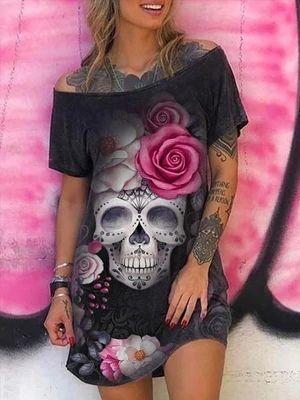 Punk Skull Floral Print Dresses for Women Summer Loose Off Shoulder Mini Party Dress Robes Vestidos De Mujer Plus Size