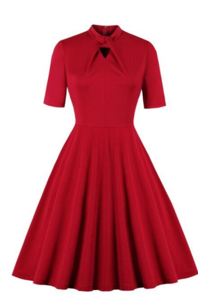 Retro Vintage Red Rockabilly 50s Casual Dresses Cotton 2021 Short Sleeve Bow Neck Solid Color Office OL Work Summer Swing
