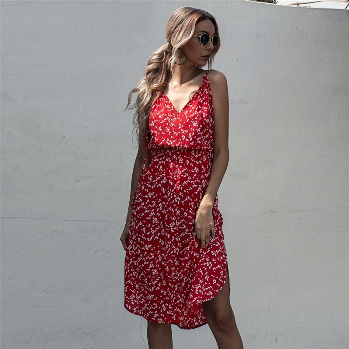 Casual Elegant V-neck Print Women Dress Summer Spaghetti Straps Slim Midi Dress