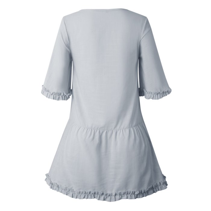 Half Sleeve Ruffle Low-Waisted Casual Pleated Mini Dress