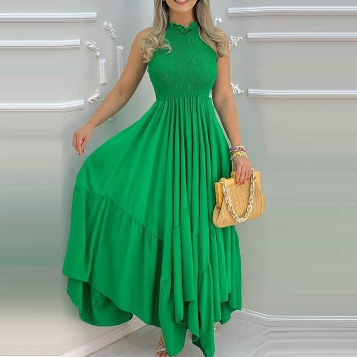 Fashion Sexy Sleeveless Solid Long Dress Summer Women Ruffles Casual Irregular Dress Elegant Stand Neck Pleated Maxi Party Dress