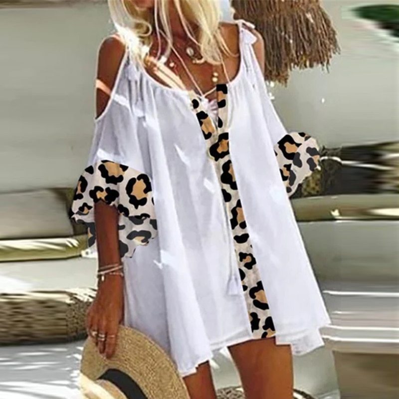 Women Sexy Hollow Out Short Sleeve Dress 2021 Summer Elegant Casual Leopard Patchwork A-Line Dress Ladies Casual Loose Dress 5XL