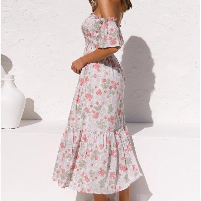 Sexy Floral Backless Long Dresses For Women Summer Off Shoulder Beach Party Dress Elegant Ruffle Short Sleeve Sundress White