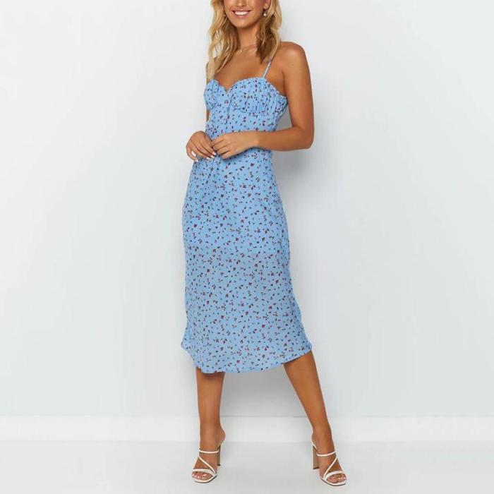 Front Tie Ruched Blue Floral Midi Dress