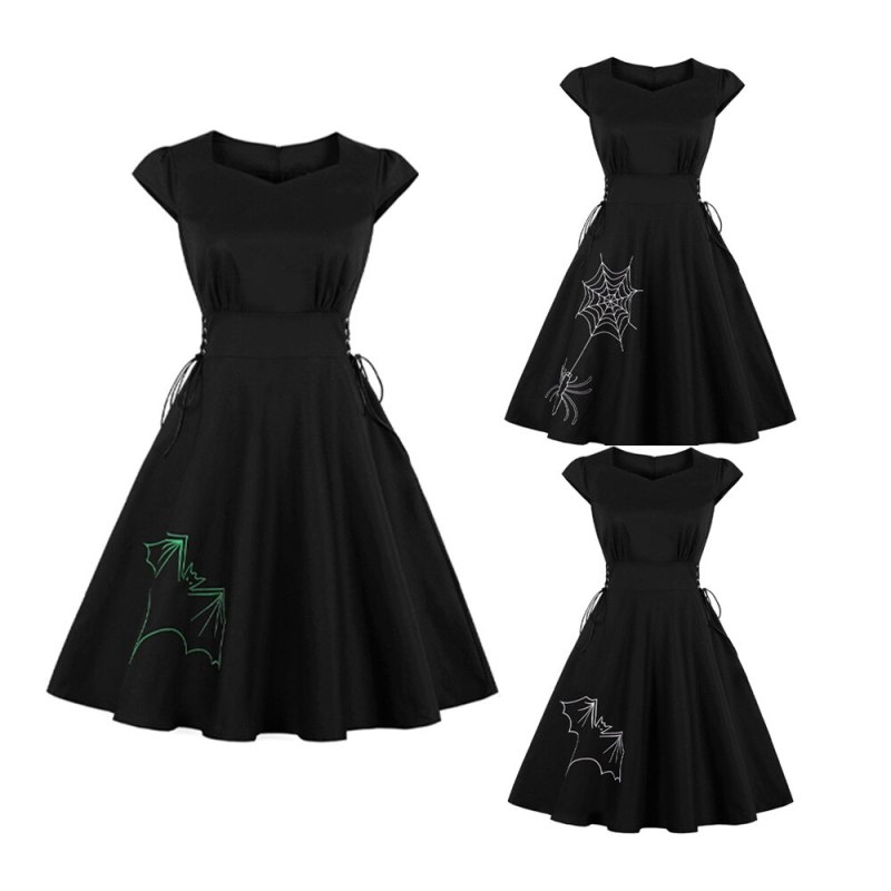 2021 Gothic Solid Animals Print Famale Dress Draw String Elastic Waist Black Color Vintage Retro Pinup Streetwear Swing Dress