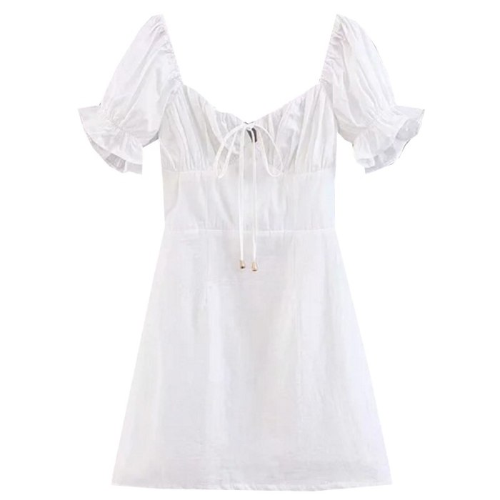 Summer french Elegant Boho White light dress Women Retro y2k Tie Neck Puff Sleeve Mini Sexy Casual Dresses Beach Party Robe 2021