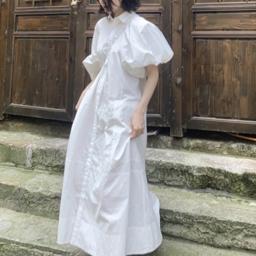 Dress Puff Sleeves Short Sleeves A-line Dress Button Maxi Length Ladies Fashion Dressing Casual Ankle-Length 2021 New Style