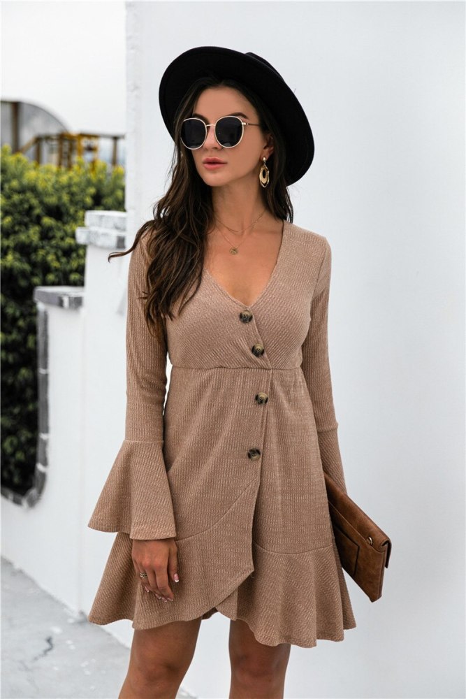 Women Robe Femme Autumn Solid Color A-Line Dresses Irregular Button Decor V-Neck Flare Long Sleeve Slim Dress For Woman Vestido