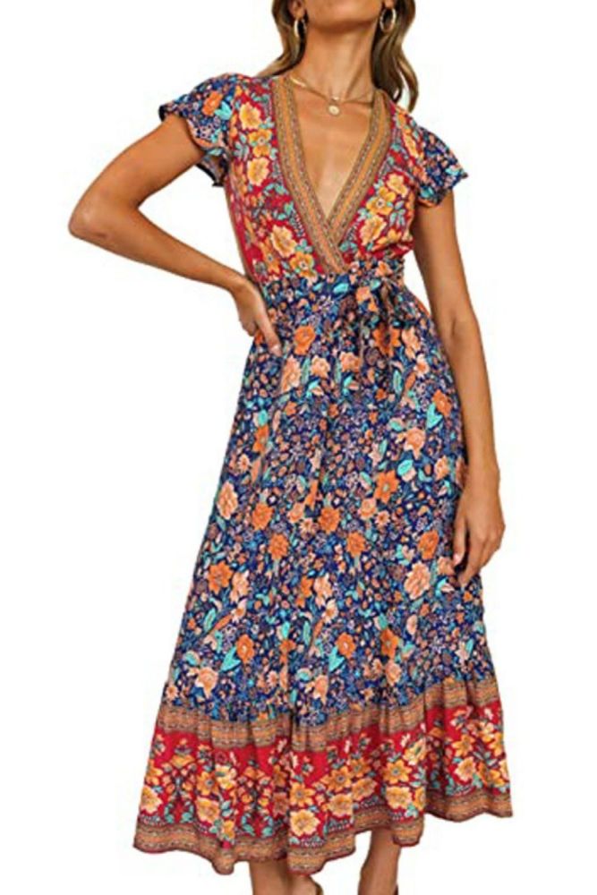 Bohemian Print Lace Up Elegant And Fashionable Maxi Dresses