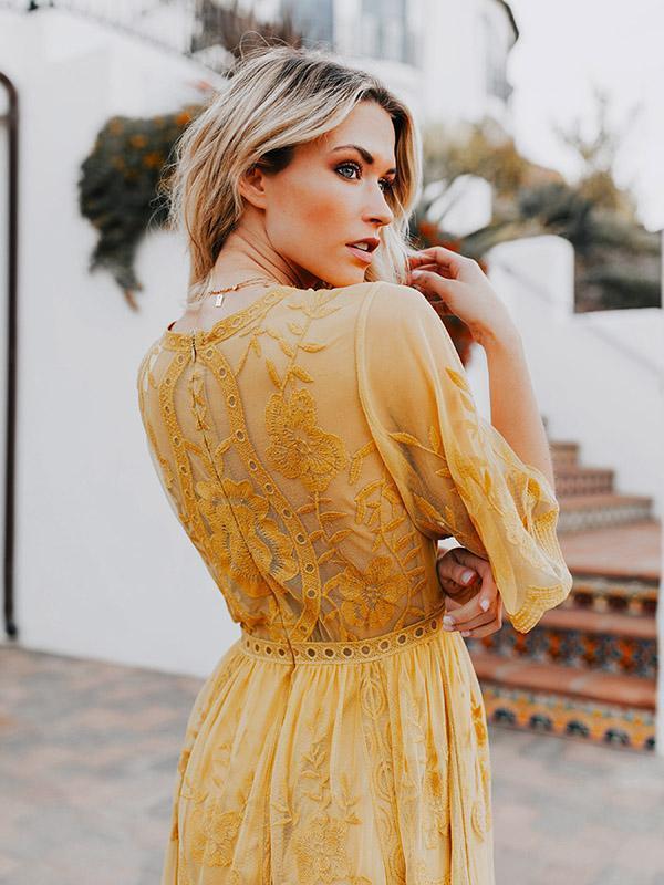 Yellow Lace V-neck Split-side Cover-up Dress
