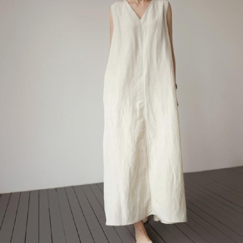 Korean Sleeveless Dress 2021 Summer Japanese And Korean Simple Casual Solid Color Mori Women's V-neck Silk Hemp Vest Dress