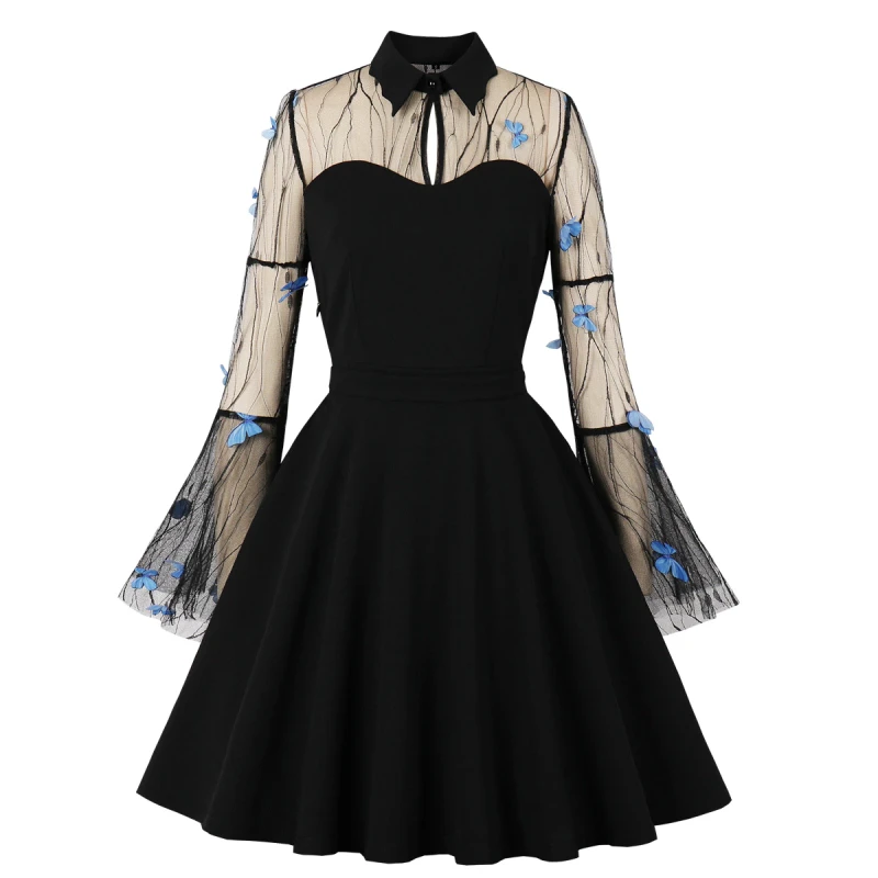 Women Party Dress Black Flare Long Sleeve Valentine's Sundress Butterfly Retro 60s Gothic Costume Midi Swing Dresses