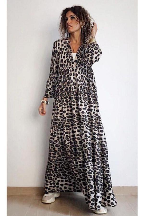 Classic Black Leopard Printed V-Neck 3/4 Sleeve Loose Maxi Dress