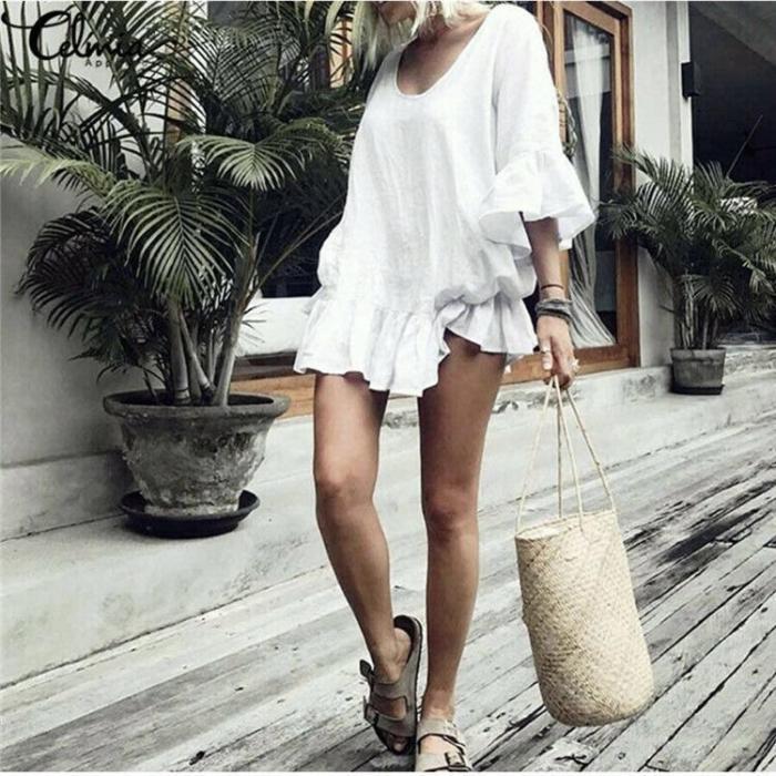 Solid Color Round Neck Imitation Linen Mini Dress